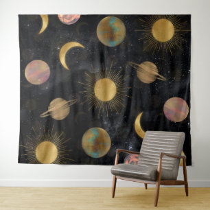 Tenture Illustration Gold Sun Moon Planètes Space