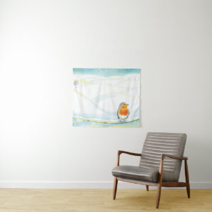 Tenture Illustration White Winter Landscape Avec Robin