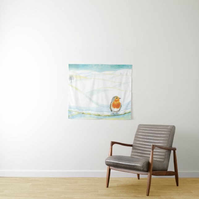 Tenture Illustration White Winter Landscape Avec Robin (En situation (horizontale))