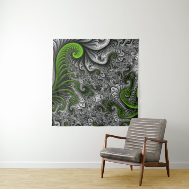 Tenture Imaginaire Monde Vert Et Gris Art Fractal Abstrait (En situation)