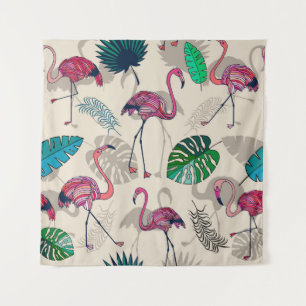 Tenture Imaginaire tropical : Motif feuille Flamant rose