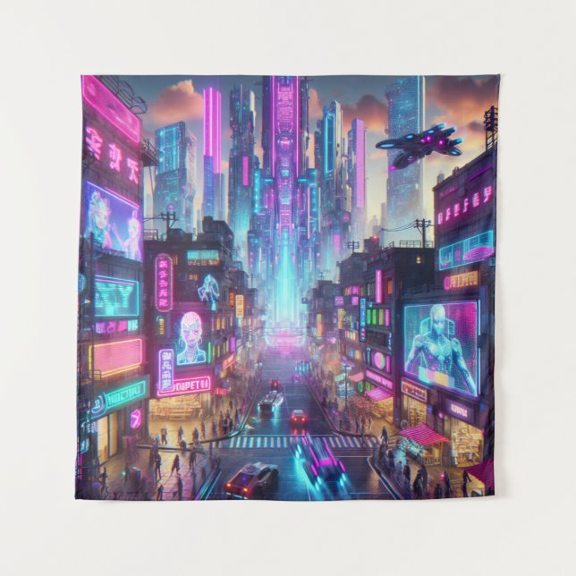 Tenture Imaginaire urbain dynamique Neon Cyberpunk | (Devant)