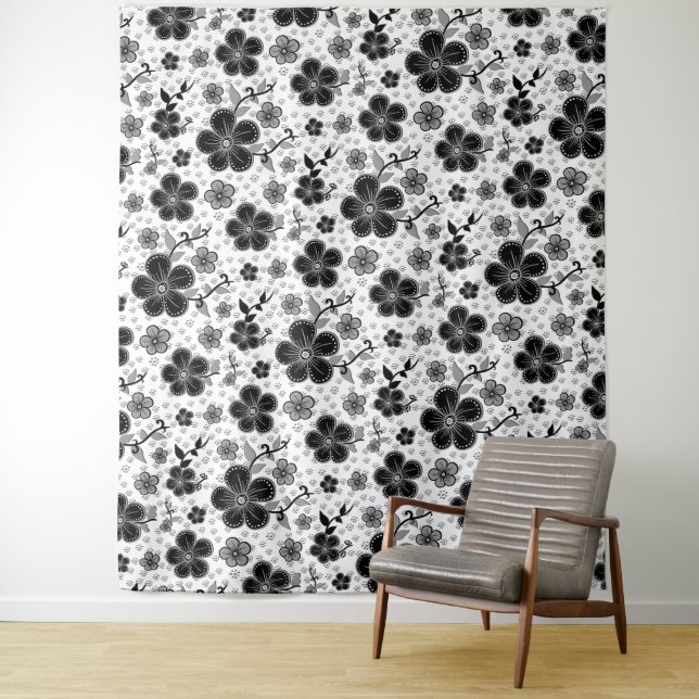 Tenture Impression florale noire et blanche (En situation)