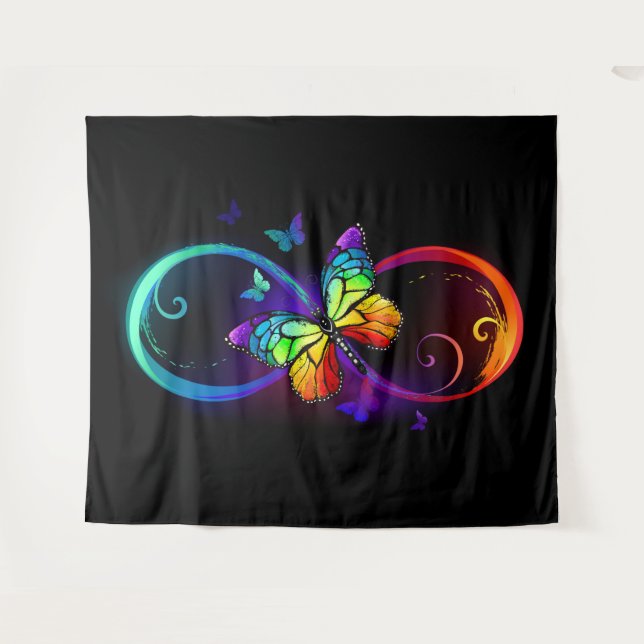 Tenture Infini vibrant avec papillon arc-en-ciel sur noir (Devant (Horizontal))