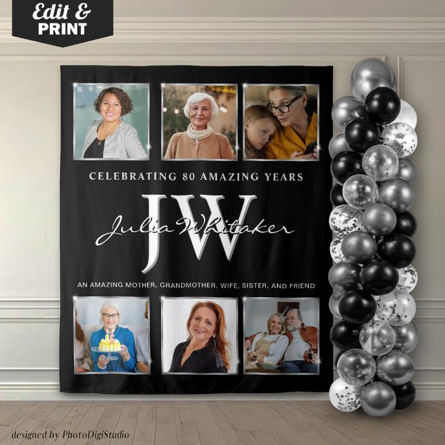 Tenture Initiales d'argent personnalisées Anniversaire arr (Silver Initials Custom Birthday Backdrop and Photo)