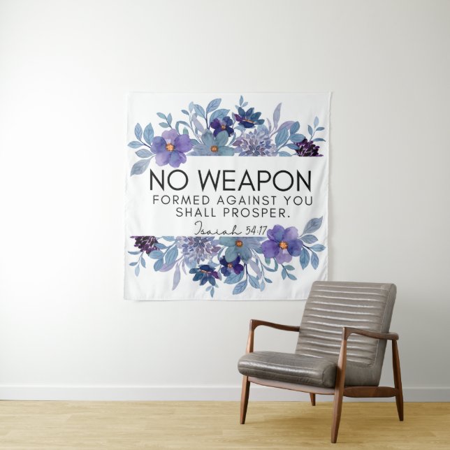 Tenture Isaïe 54:17 Aucune arme Chrétienne Violet Floral (En situation)