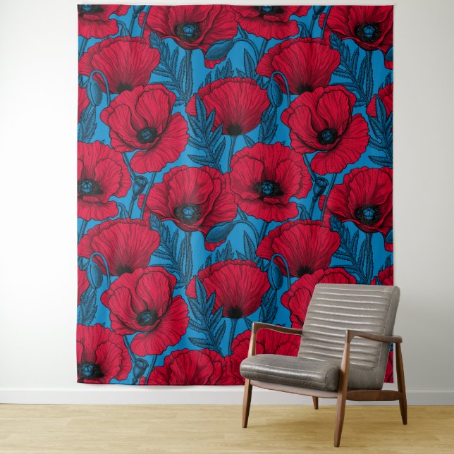 Tenture Jardin de pavot rouge sur bleu (En situation)
