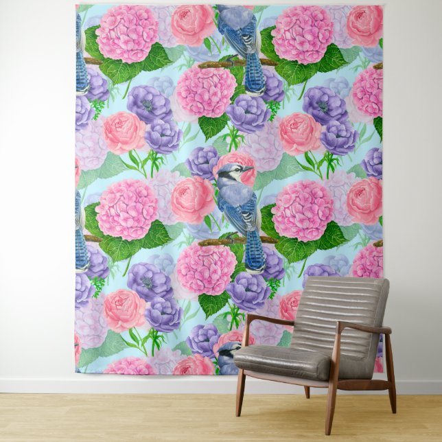 Tenture Jay bleu et fleurs motif aquarelle (En situation)