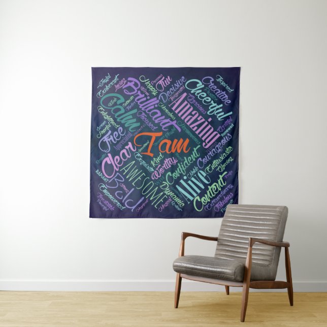 Tenture Je suis art de nuage de mot d'affirmations (En situation)