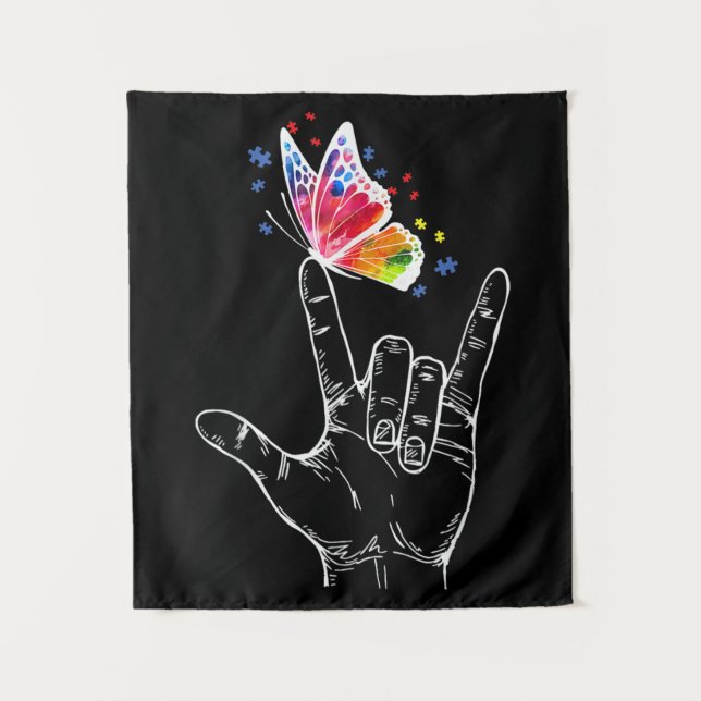 Tenture Je t'aime Langue des Signes Papillon Autisme (Devant)