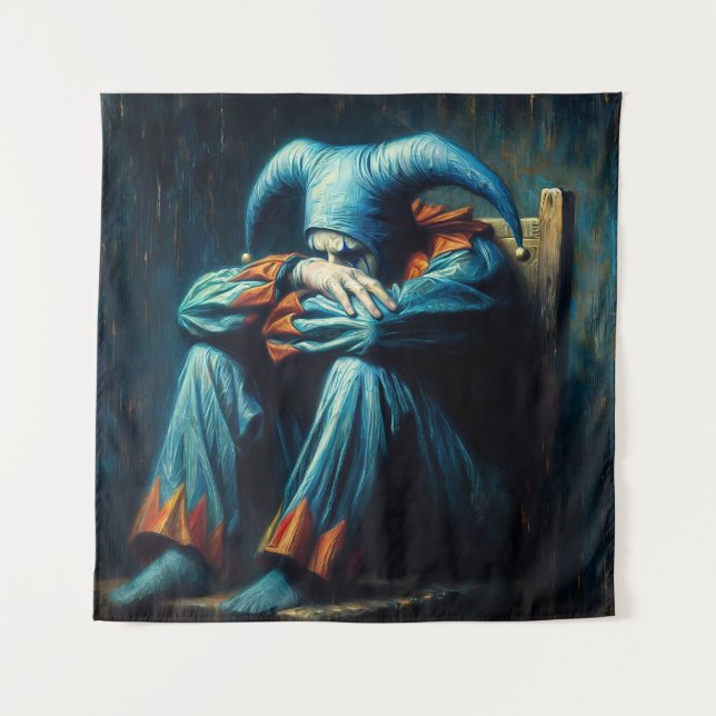 Tenture Jester Portant Du Bleu Assis Sur La Chaise (Devant)