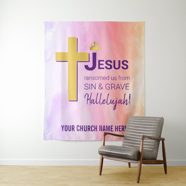 Tenture JÉSUS NOUS A RACHETÉS Pâques chrétienne (En situation)