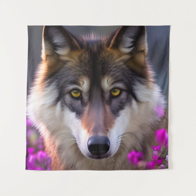Tenture Jeune loup en fleurs rose fuchsia (Devant)
