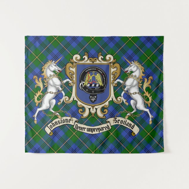 Tenture Johnstone Clan Badge & Unicorns avec Tartan (Devant (Horizontal))