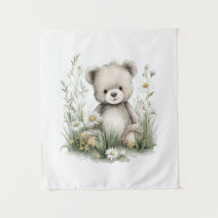 Tenture Joli Ours en Peluche à l'Aquarelle avec Fleurs Sau
