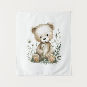 Tenture Joli Ours en Peluche à l'Aquarelle avec Fleurs Sau