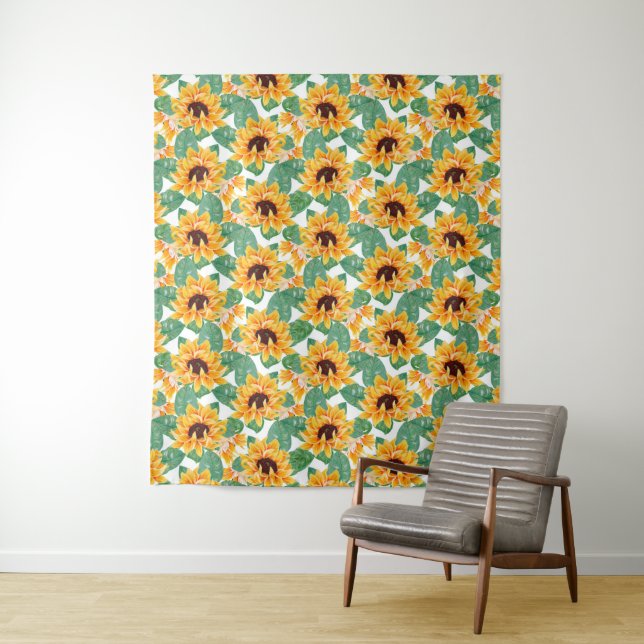 Tenture Joli tournesol Jaune et Motif vert (En situation)