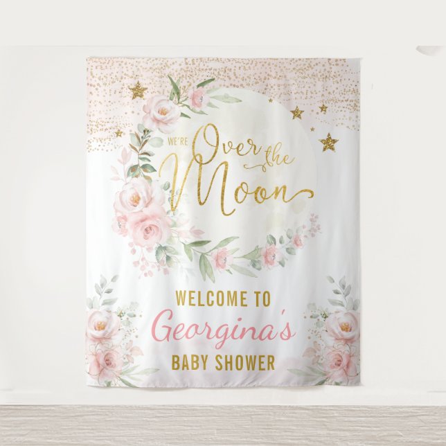 Tenture Jolie Fille Bébé Bienvenue Fleurs Étoiles Lune Ros (Devant)