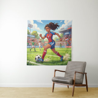 Tenture Jolie Fille de Dessin Animé Jouant au Football