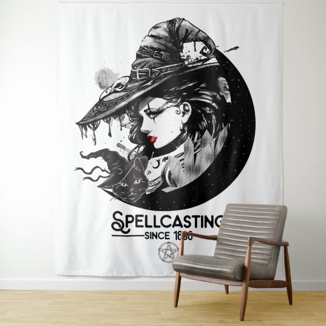 Tenture Jolie sorcière et sorcellerie de chat noir Wiccan  (En situation)