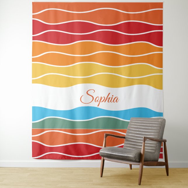 Tenture Jouer Retro Rainbow Stripes pour produit personnal (En situation)
