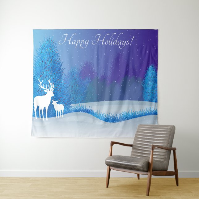 Tenture Joyeuses Fêtes Fond Hivernal Cerf (En situation (horizontale))