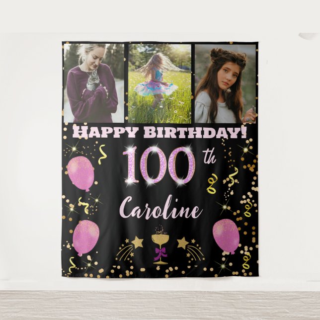 Tenture Joyeux 100e anniversaire Parties scintillant rose  (Devant)