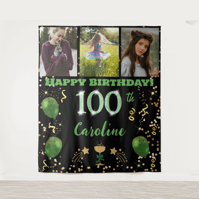 Tenture Joyeux 100e anniversaire Parties scintillant verte (Devant)
