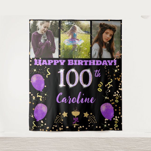 Tenture Joyeux 100e anniversaire Parties scintillant viole (Devant)