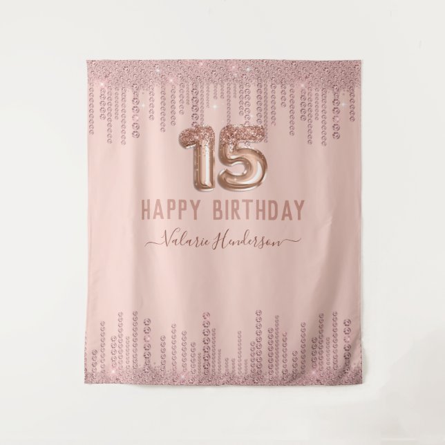 Tenture Joyeux 15e anniversaire des gouttes de diamant ros (Devant)