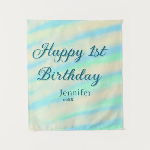 Tenture Joyeux 1er anniversaire enfants bébé bleu vert pas