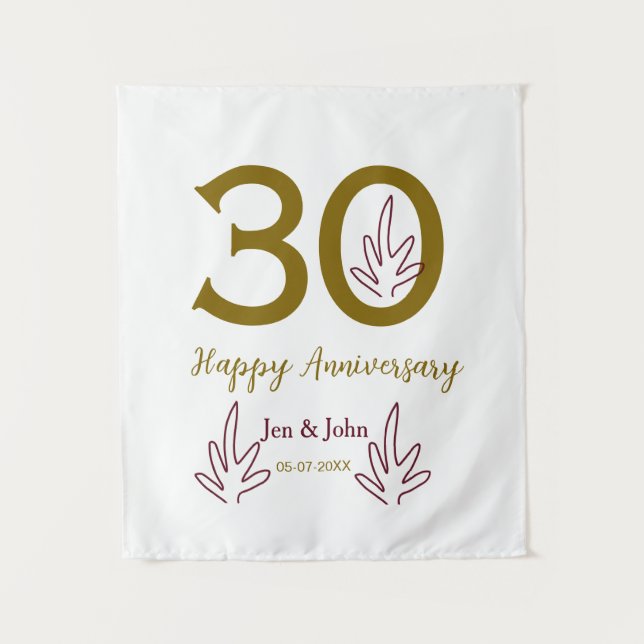 Tenture Joyeux 30e anniversaire nom date feuille rouge dor (Devant)