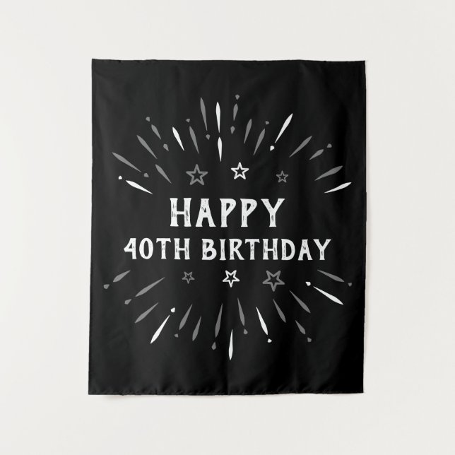 Tenture Joyeux 40e anniversaire feux d'artifice noir blanc (Devant)