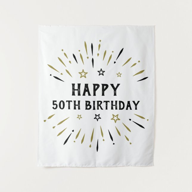 Tenture Joyeux 50e anniversaire feux d'artifice Blanc Blac (Devant)
