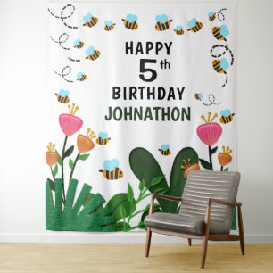 Tenture Joyeux Anniversaire Abeilles Fleurs Jardin Fond