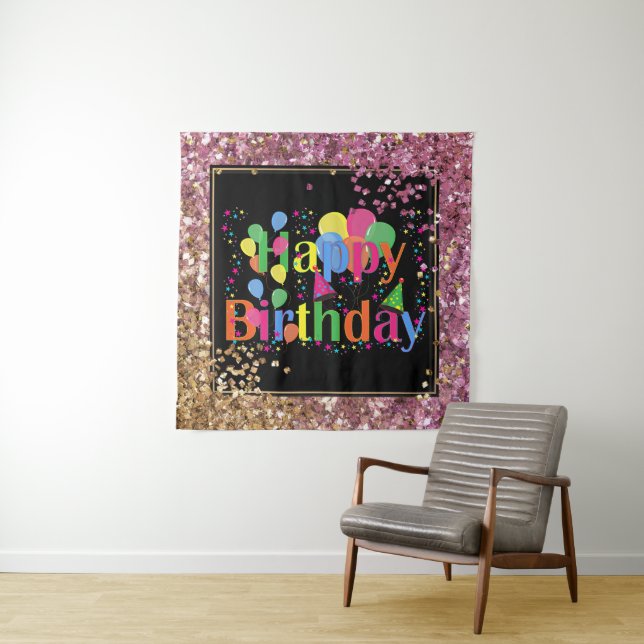 Tenture Joyeux anniversaire célébration paillettes (En situation)