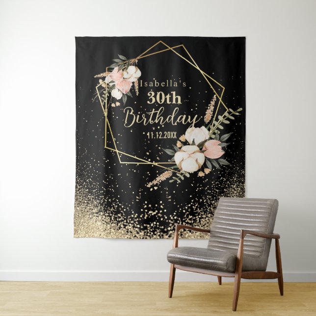 Tenture Joyeux Anniversaire Fleurs et Paillettes Dorées (En situation)