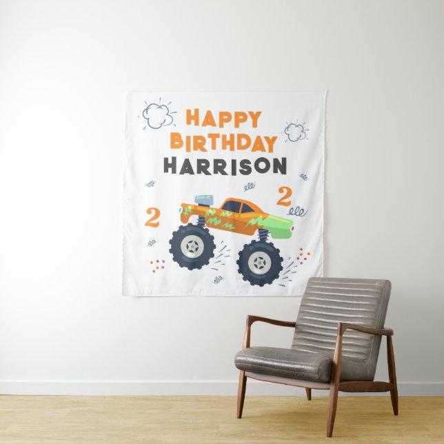 Tenture Joyeux Anniversaire Moderne Monster Car Trucks Nom (En situation)