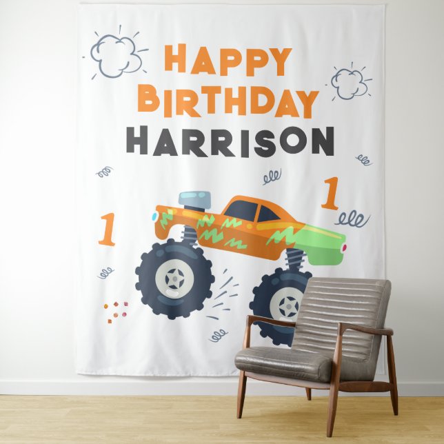 Tenture Joyeux Anniversaire Moderne Monster Car Trucks Nom (En situation)