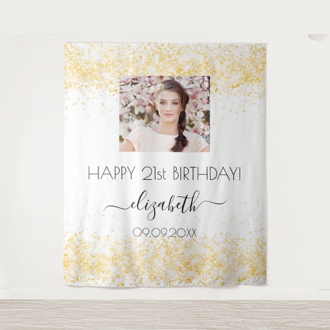 Tenture Joyeux anniversaire paillettes or blanc photo nom  (Devant)