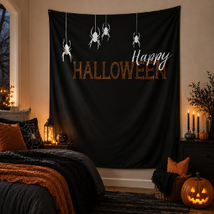 Tenture Joyeux Halloween Araignées Orange Noir Typographie