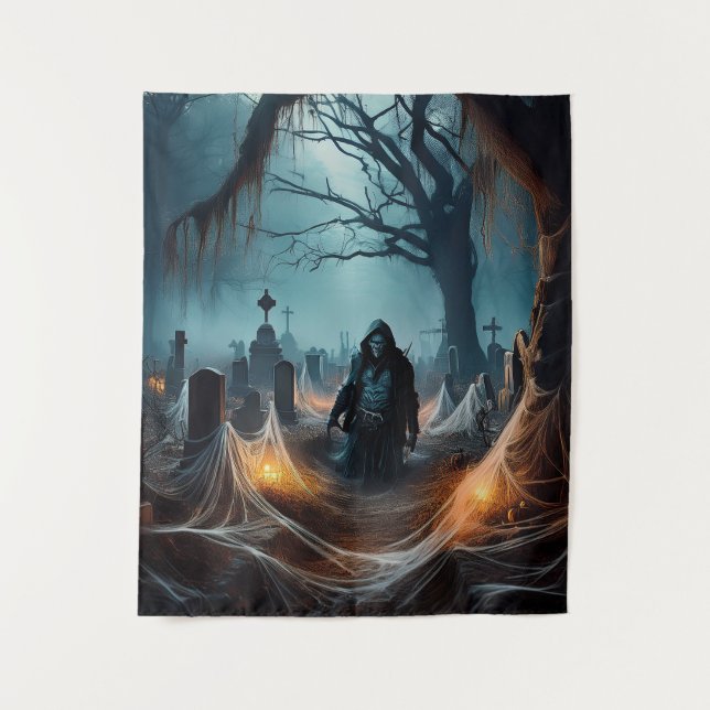 Tenture Joyeux Halloween Faucheuse Dans un Cimetière (Devant)