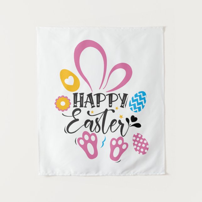 Tenture Joyeux lapin mignon de Pâques avec oeufs de Pâques (Devant)