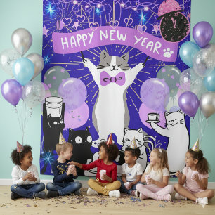 Tenture Joyeux Nouvel An Fête de Chat Fond Bleu et Violet