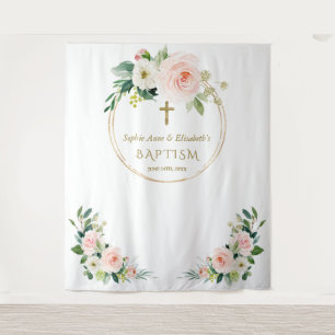 Tenture Jumeaux Fleurs Rose Blanc Baptême Or Accessoire Ph