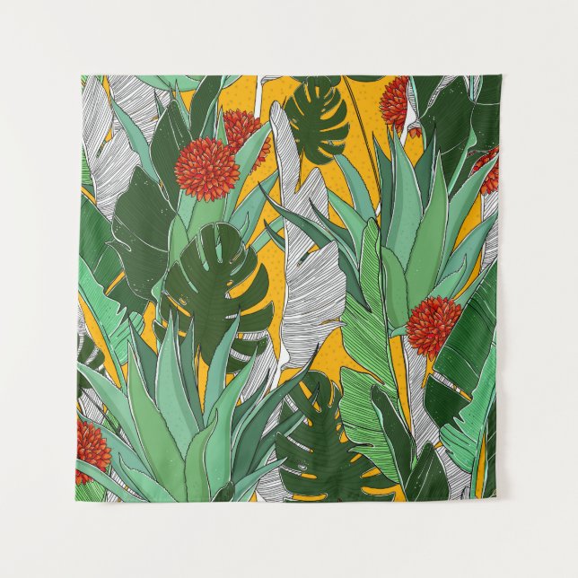Tenture Jungle d'été : Motif de palmier lumineux. (Devant)