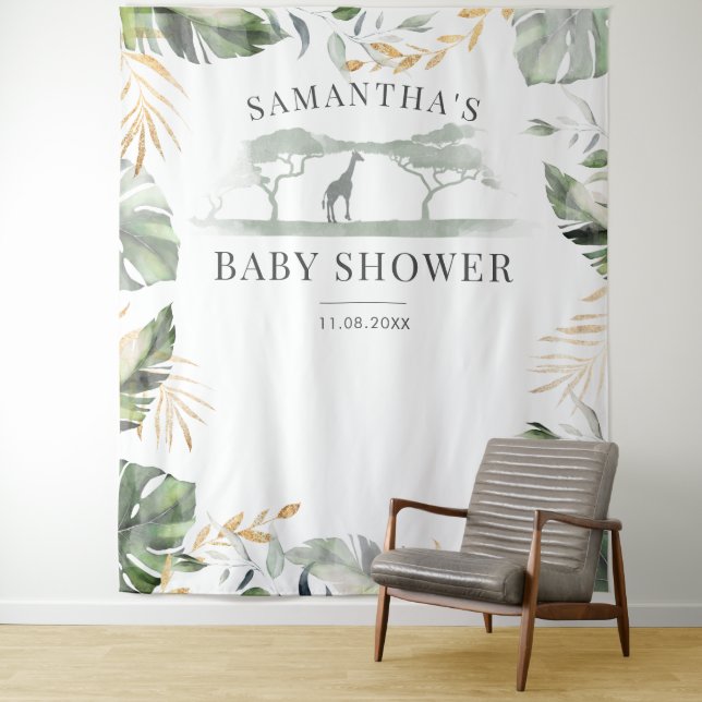 Tenture Jungle Palm Feuille Giraffe Baby shower fond (En situation)
