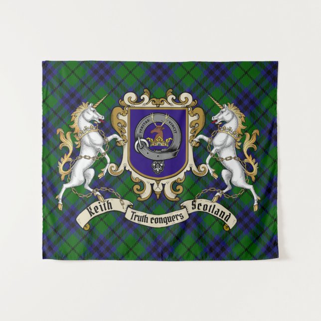 Tenture Keith Clan Badge & Unicorns avec Tartan (Devant (Horizontal))