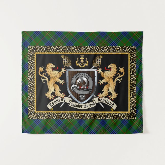 Tenture Kennedy Clan Badge & Motto avec Lions (Devant (Horizontal))