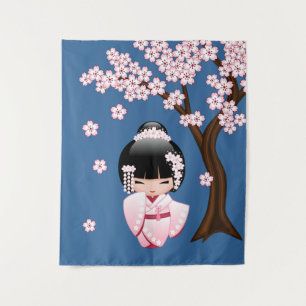 Tenture Kimono rose Kawaii Poupée Kokeshi sur fond bleu